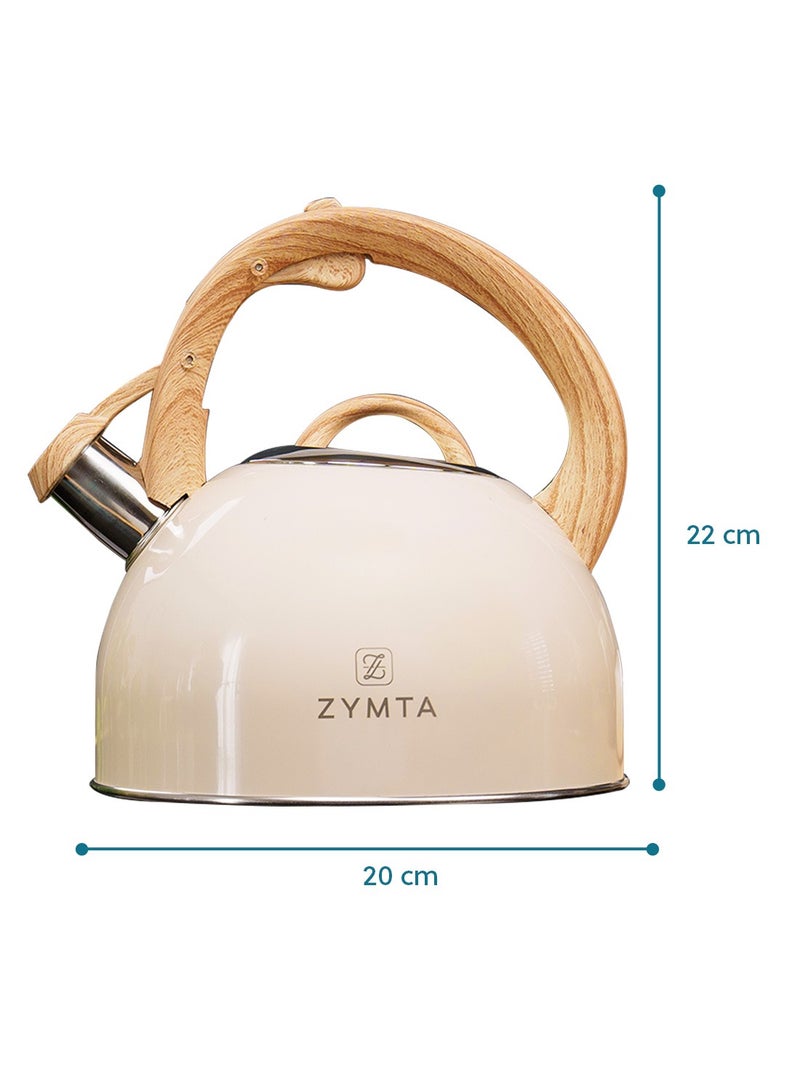 ZYMTA Zymta 2.5L Whistling Stainless Steel Tea Kettle | Induction Cooktop Compatible with Bamboo Handle - Beige  - Image 3