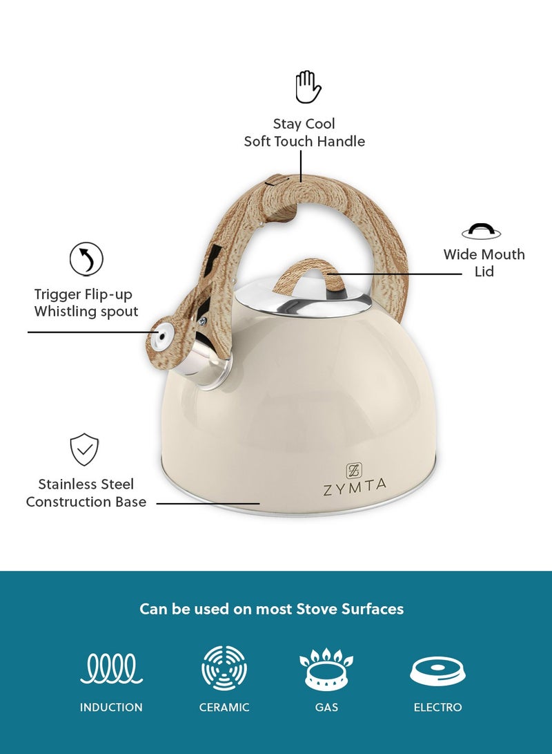ZYMTA Zymta 2.5L Whistling Stainless Steel Tea Kettle | Induction Cooktop Compatible with Bamboo Handle - Beige  - Image 4