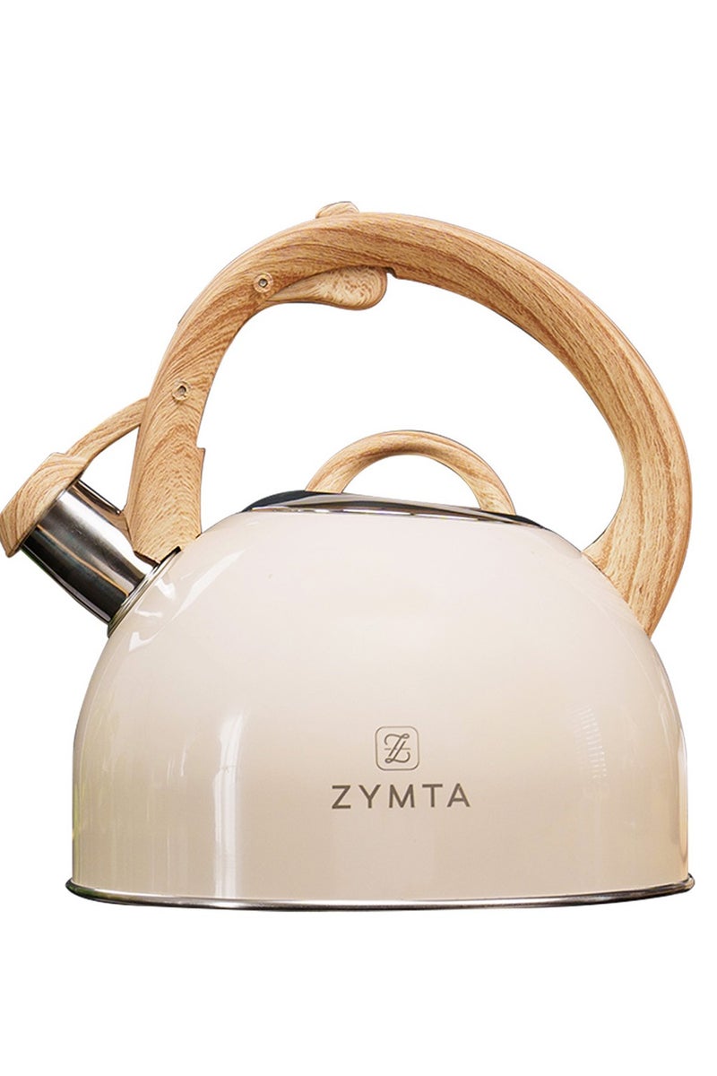 ZYMTA Zymta 2.5L Whistling Stainless Steel Tea Kettle | Induction Cooktop Compatible with Bamboo Handle - Beige  - Image 1