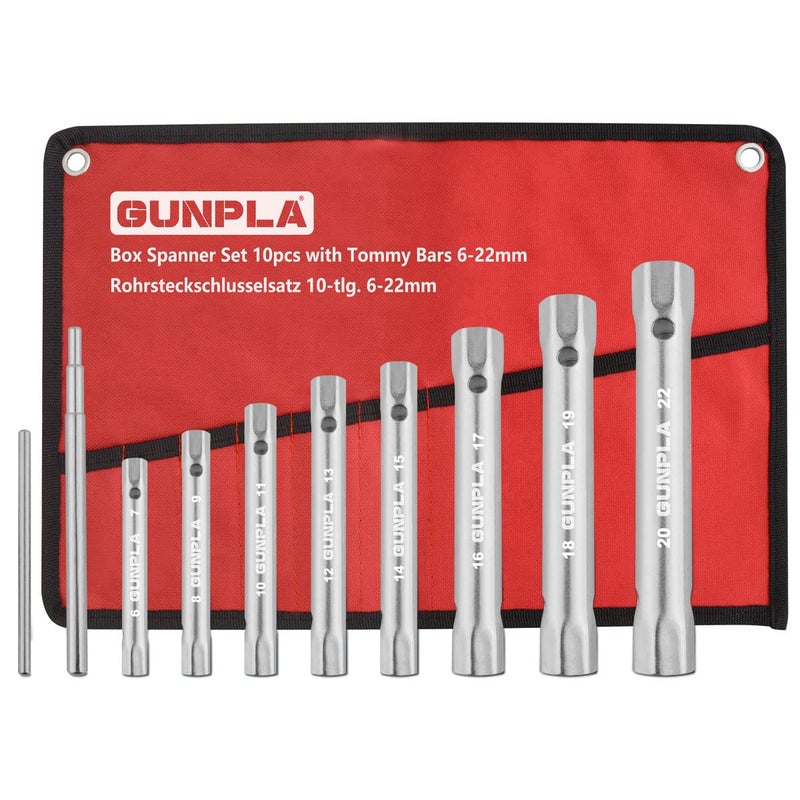 Gunpla 10 Pieces Box Spanners Set with 2 Tommy Bars, Multi Size Tap Monoblock Professional Tubular Spanner Kit Metric 6x7mm – 20x22mm Heavy Duty Double Ended Box Wrenches Plumber Tools for Water Taps - Image 1