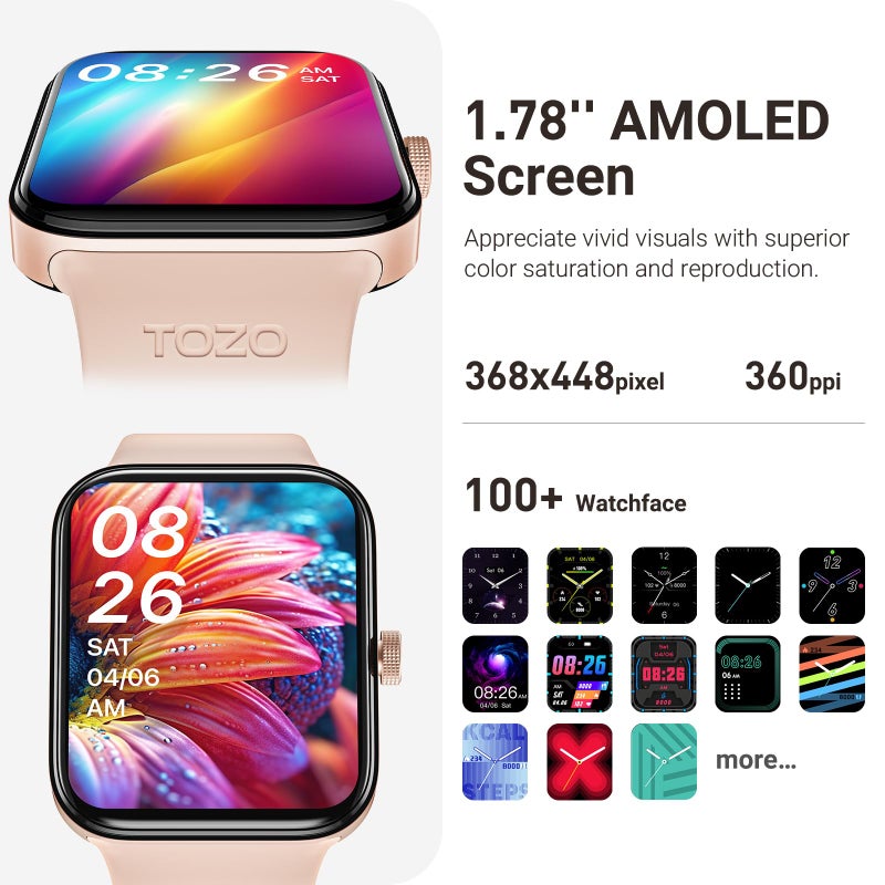 TOZO AMOLED S4 AcuFit One Smart Watch 1.78" Ultra-Clear Screen for Men Women, Call/Answer Fitness Tracker, Sleep Monitor IP68 Waterproof for iOS 11.0+ Android 9.0+ Rose Gold - Image 2