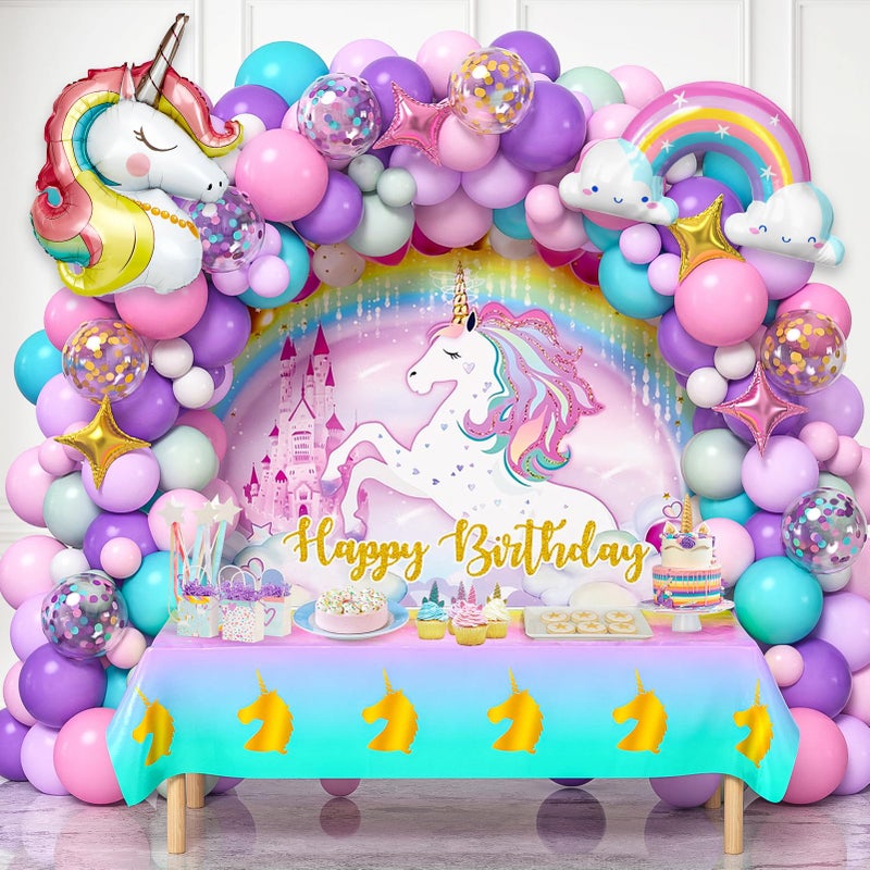 Winrayk 144Pcs Purple Unicorn Party Decorations Birthday Supplies for Girls, Purple Pink Blue Balloon Arch Kit with Backdrop Tablecloth Foil Balloons, Kids Rainbow Unicorn Themed Birthday Decorations - Image 1