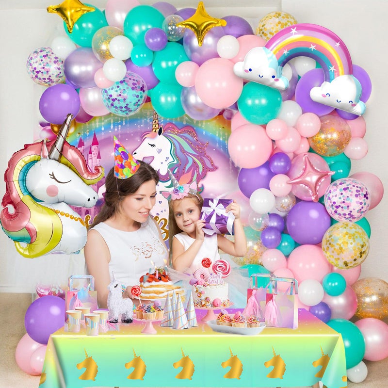 Winrayk 144Pcs Purple Unicorn Party Decorations Birthday Supplies for Girls, Purple Pink Blue Balloon Arch Kit with Backdrop Tablecloth Foil Balloons, Kids Rainbow Unicorn Themed Birthday Decorations - Image 3