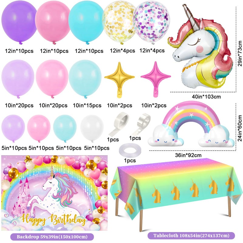 Winrayk 144Pcs Purple Unicorn Party Decorations Birthday Supplies for Girls, Purple Pink Blue Balloon Arch Kit with Backdrop Tablecloth Foil Balloons, Kids Rainbow Unicorn Themed Birthday Decorations - Image 2