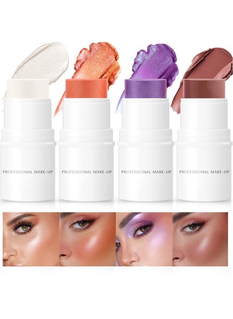 4 Pack Cream Blush Highlighter Contour Stick, Non-greasy and Waterproof Contouring Stick, Long-lasting, Breathable Makeup Sticks