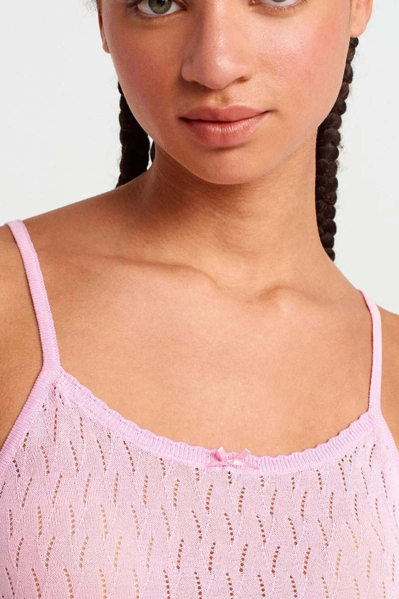 Dilvin Blush Pink DILVIN Textured Crop Cami Blouse With Bow Detail for Women | Best Price UAE
