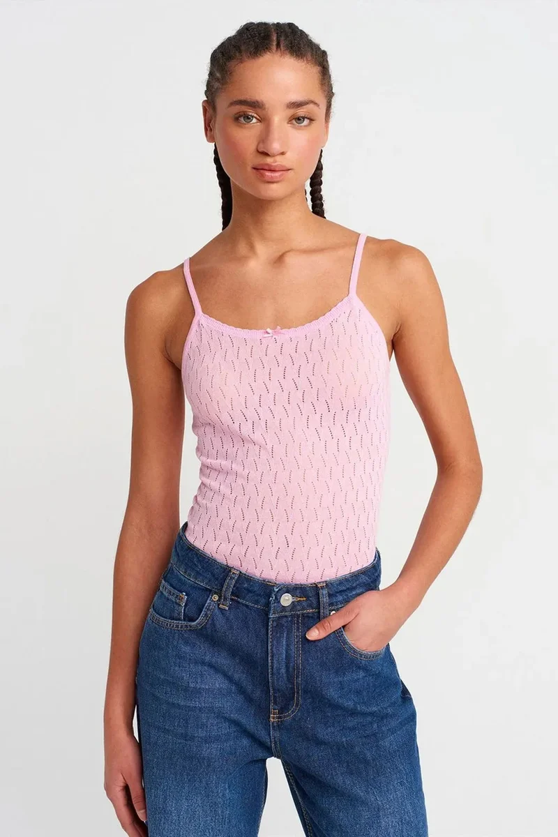 DILVIN Textured Crop Cami Blouse With Bow Detail