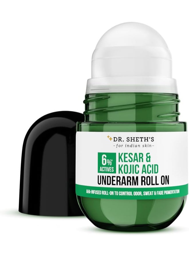 Dr. Sheth’s Kesar & Kojic Underarm ROLL-ON | 6% Actives -AHA, Kojic Acid & Niacinamide | Controls Body Odor, Sweat & Fades Pigmentation | For All Skin Types | Aqua Fragrance | Aluminium & Alcohol Free| For Men & Women | 50ml