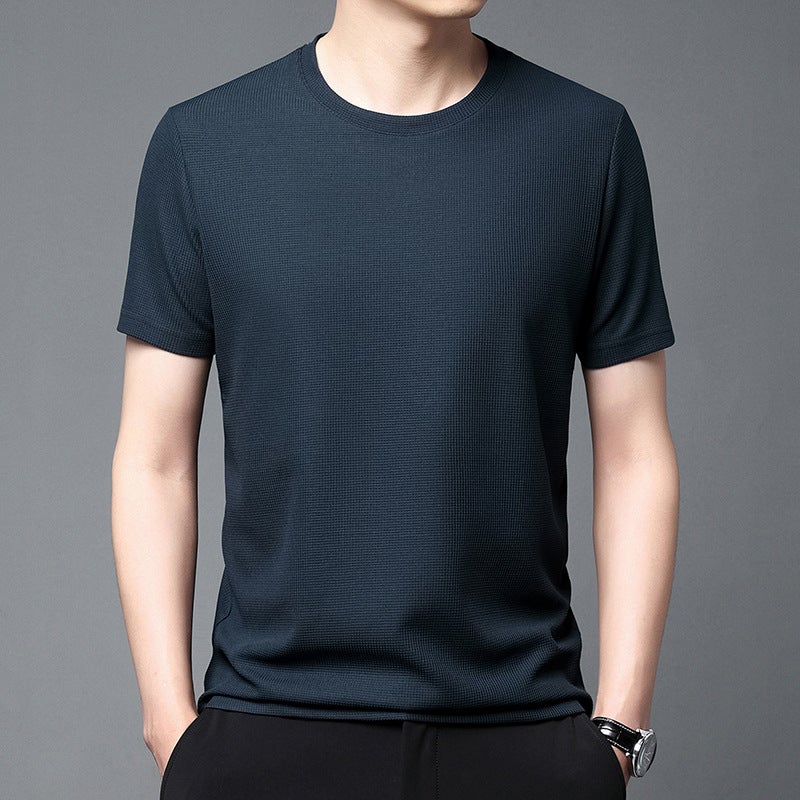 Summer Waffled Short-sleeved T-shirt Men's Ins Loose Fashionable Brand Round Neck Top Fashionable All-match Hong Kong-style Simple T-shirt - Image 1