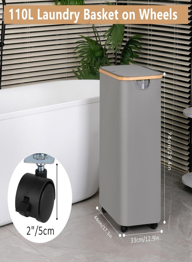 iEGrow Laundry 110L Hamper with Wheels,Clothes Hamper for Laundry,Laundry Basket with Lid and Inner Bag, for Laundry Room, Bedroom, Dormitory Storage,Grey - Image 2