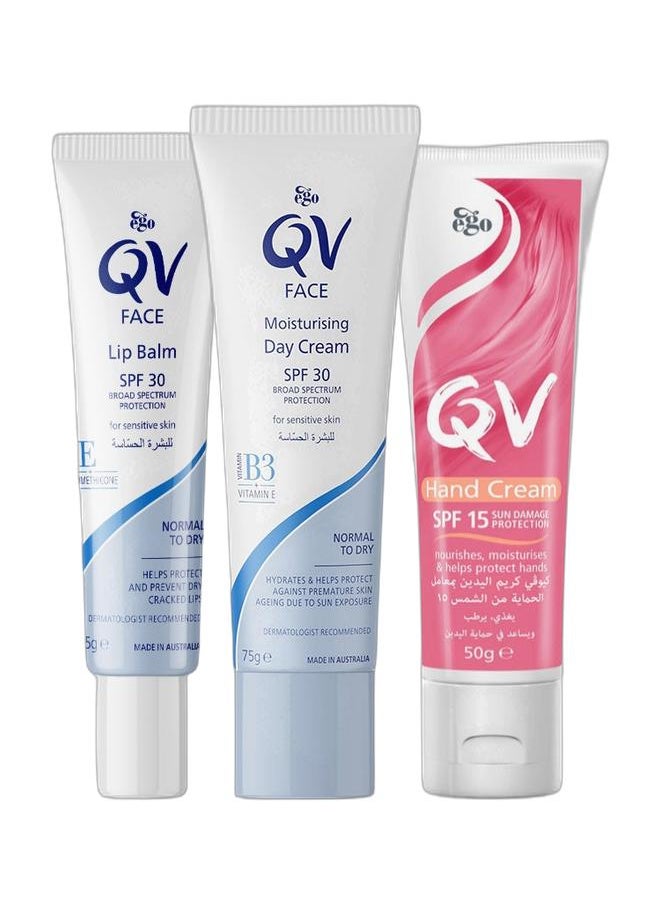 QV Face Lip Balm 15G Spf 30 + Hand Cream Spf15 multicolour +Face Moisturising Day Cream Spf 30  Broad Spectrum Protection For Sensitive Skin 75grams Bundle  - Image 1