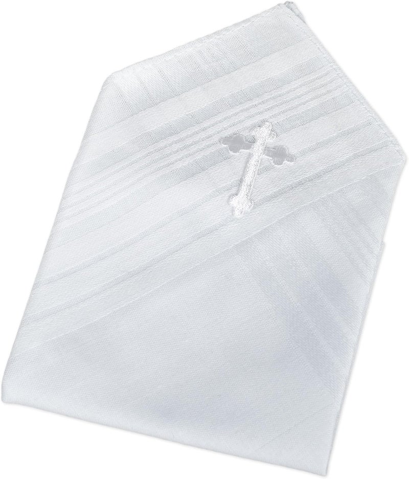 Simply Charming Boys First Holy Communion Tie and Hanky Set with Cross– Pre-tied White Tie and Folded Handkerchief Embroidered with the Cross for 1st Communion, Baptism or Confirmation - Image 1