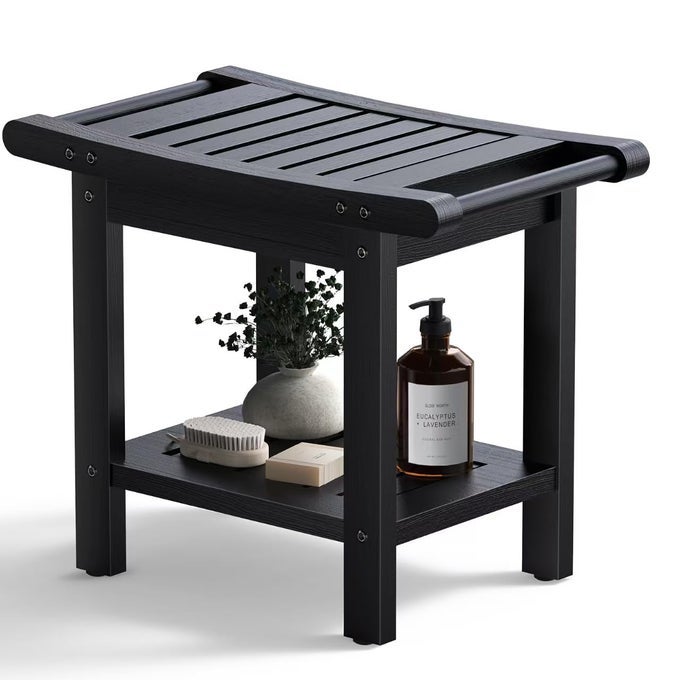 HDPE SHOWER BENCH SEAT LARGER SIZE 22 BLACK SHOWER BENCHES FOR INSIDE SHOWER WATERPROOF SHOWER STOOL WITH HANDLES STORAGE SHELF SHOWER CHAIR FOR BATHROOM BATH STOOL FOR SHOWER TO SIT