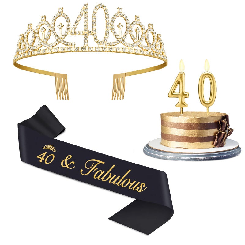 Juesly 40th Birthday Decorations for Women with Sash Black and Tiara Gold, Number Candles Gold, Womens 40 Birthday Decorations - Image 1