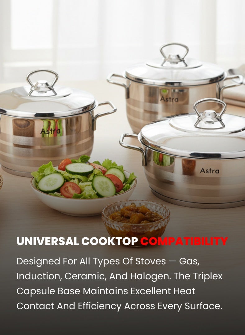 Astra 9‑Piece Premium Stainless Steel Cookware Set | 18/10 Cr‑Ni Food‑Grade Steel | Deep Casseroles, Low Casserole & Frypan with Lids | Induction & Gas Compatible | Dishwasher Safe - Image 5