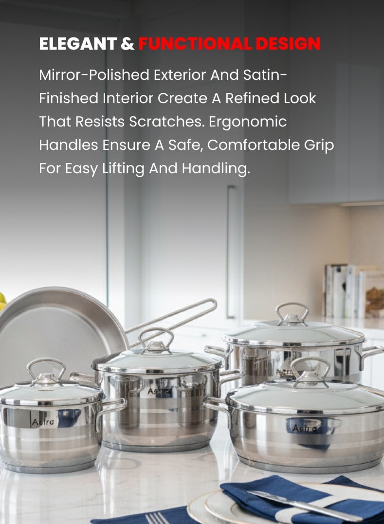 Astra 9‑Piece Premium Stainless Steel Cookware Set | 18/10 Cr‑Ni Food‑Grade Steel | Deep Casseroles, Low Casserole & Frypan with Lids | Induction & Gas Compatible | Dishwasher Safe - Image 4