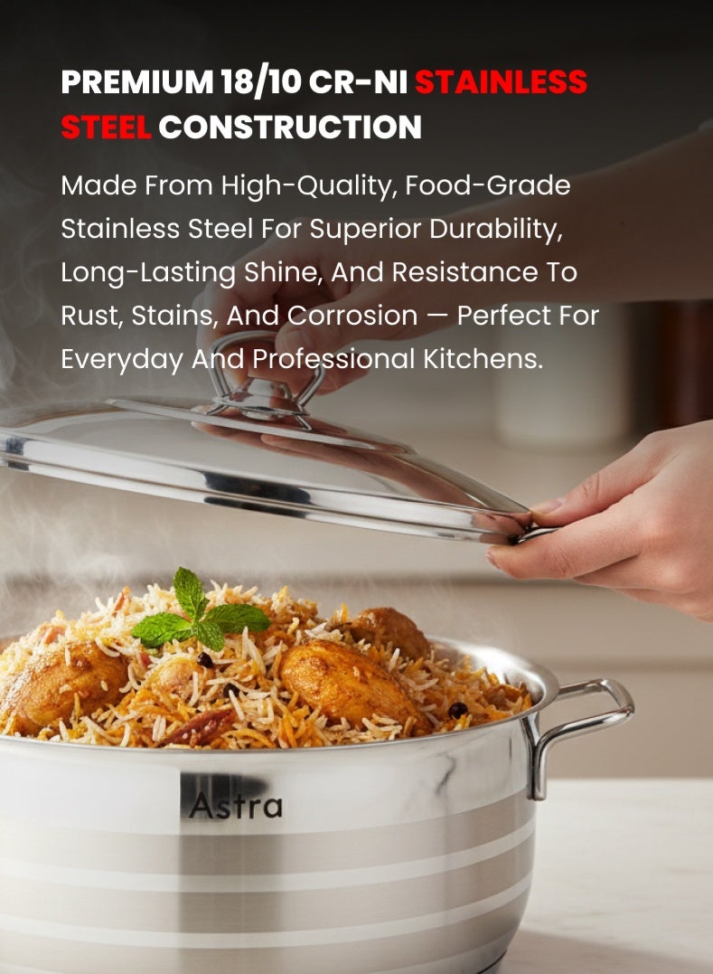 Astra 9‑Piece Premium Stainless Steel Cookware Set | 18/10 Cr‑Ni Food‑Grade Steel | Deep Casseroles, Low Casserole & Frypan with Lids | Induction & Gas Compatible | Dishwasher Safe - Image 2