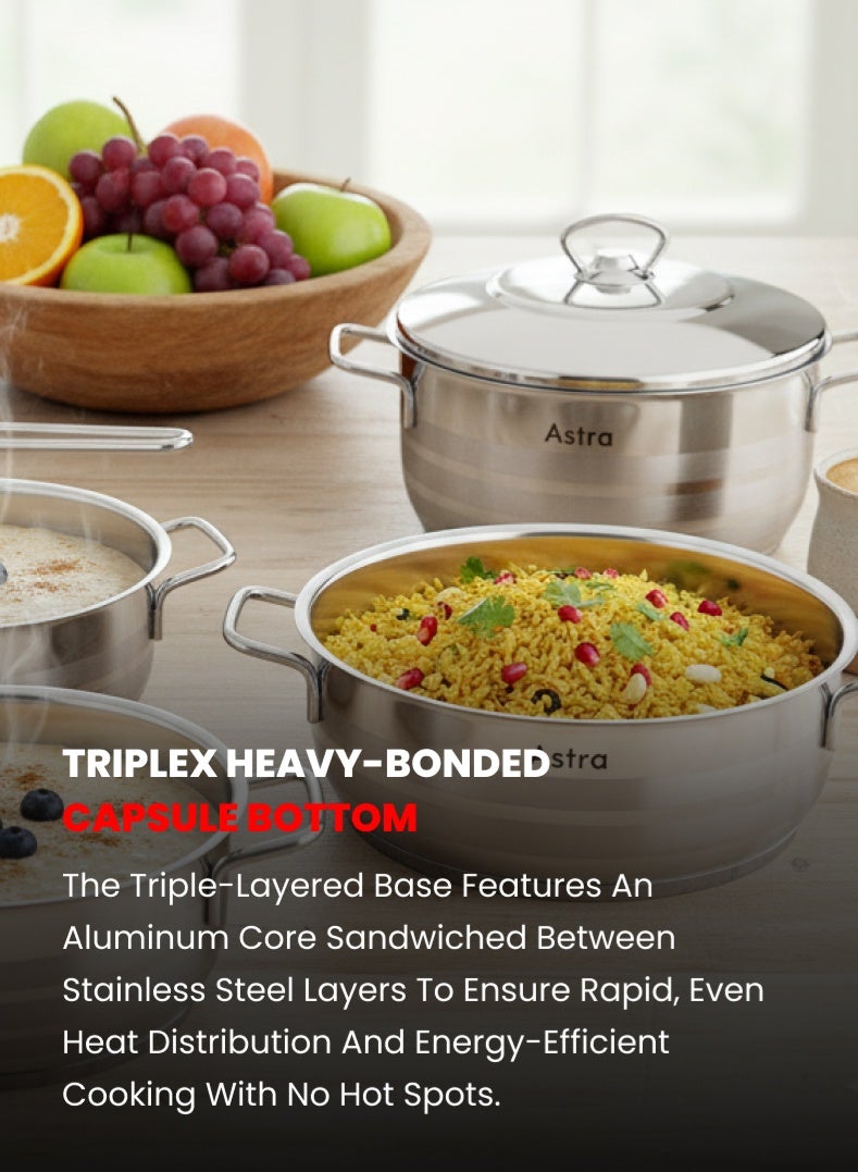Astra 9‑Piece Premium Stainless Steel Cookware Set | 18/10 Cr‑Ni Food‑Grade Steel | Deep Casseroles, Low Casserole & Frypan with Lids | Induction & Gas Compatible | Dishwasher Safe - Image 3