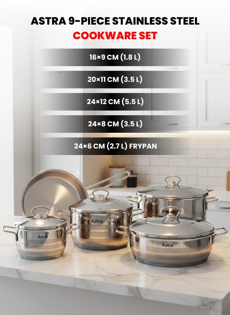 Astra 9‑Piece Premium Stainless Steel Cookware Set | 18/10 Cr‑Ni Food‑Grade Steel | Deep Casseroles, Low Casserole & Frypan with Lids | Induction & Gas Compatible | Dishwasher Safe - Image 1