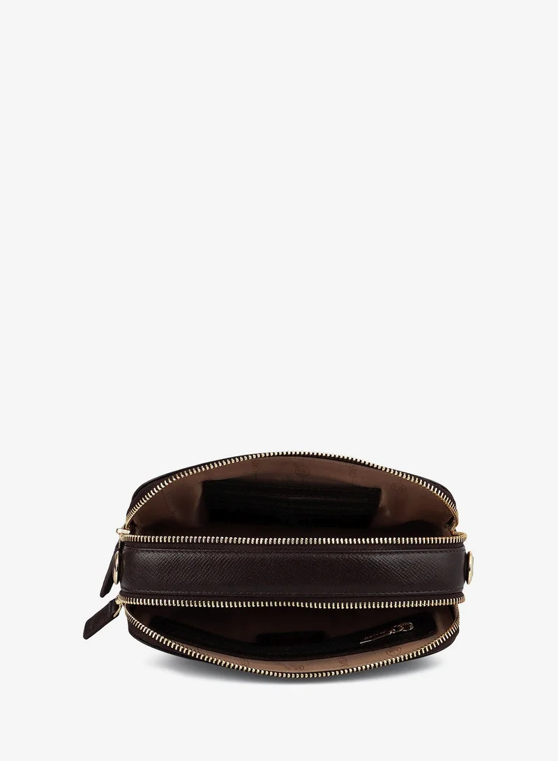 Da Milano Chocolate Da Milano Monogram Patterned Leather Crossbody Handbag with Zip Closure - Chocolate (LSB-02200)  | Best Price UAE