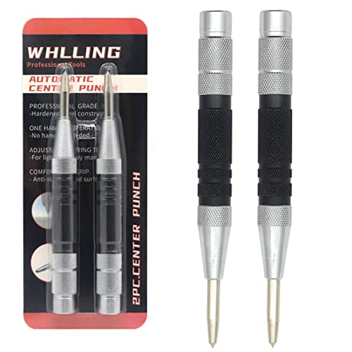 WHLLING 2Piece Automatic Center Punch 6 Inch Hardened Steel Spring Loaded Center Hole Punch with Adjustable Knurled Cap for Machinists and Carpenters