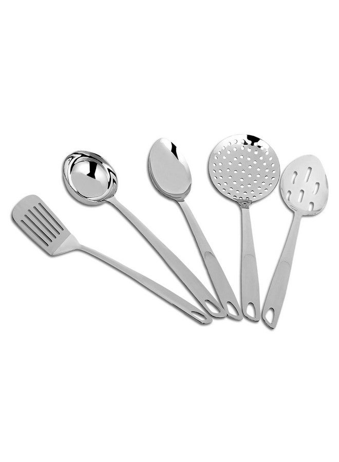 AXIOM Stainless Steel Kitchen Tools 5 pcs Non-Stick Set of Ladle (Karchi), Solid Spoon (Chamcha), Skimmer (Jhara), Slotted Spoon & Slotted Turner/Spatula (Palta) for Cooking/Frying/Basting & Daily Use - Image 1