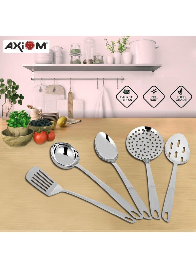 AXIOM Stainless Steel Kitchen Tools 5 pcs Non-Stick Set of Ladle (Karchi), Solid Spoon (Chamcha), Skimmer (Jhara), Slotted Spoon & Slotted Turner/Spatula (Palta) for Cooking/Frying/Basting & Daily Use - Image 3