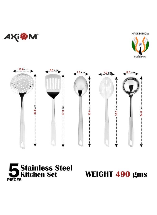 AXIOM Stainless Steel Kitchen Tools 5 pcs Non-Stick Set of Ladle (Karchi), Solid Spoon (Chamcha), Skimmer (Jhara), Slotted Spoon & Slotted Turner/Spatula (Palta) for Cooking/Frying/Basting & Daily Use - Image 5