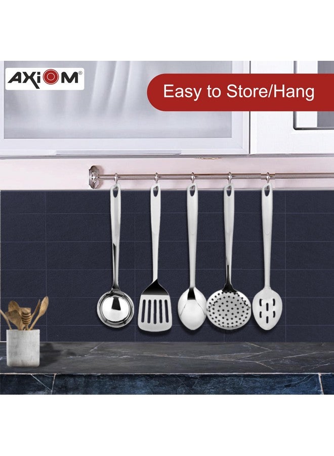 AXIOM Stainless Steel Kitchen Tools 5 pcs Non-Stick Set of Ladle (Karchi), Solid Spoon (Chamcha), Skimmer (Jhara), Slotted Spoon & Slotted Turner/Spatula (Palta) for Cooking/Frying/Basting & Daily Use - Image 2