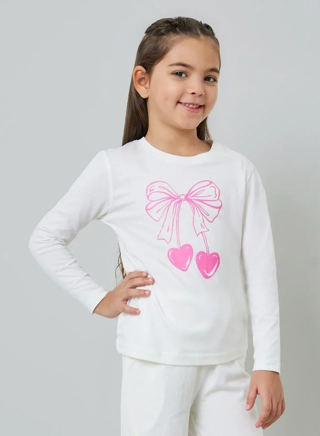 ستايلي Girls Bow Print Cotton T-Shirt and Pyjama Set