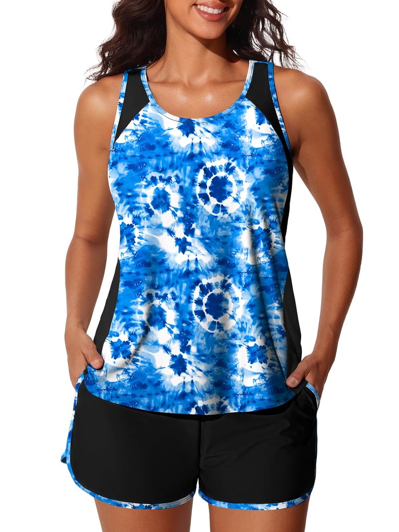 Summer Mae Plus Size Tankini Swimsuits for Women 2026 Tummy Control Two Piece Bathing Suits with Pockets Swim Shorts Blue Tie-Dye Size 18 Plus - Image 1