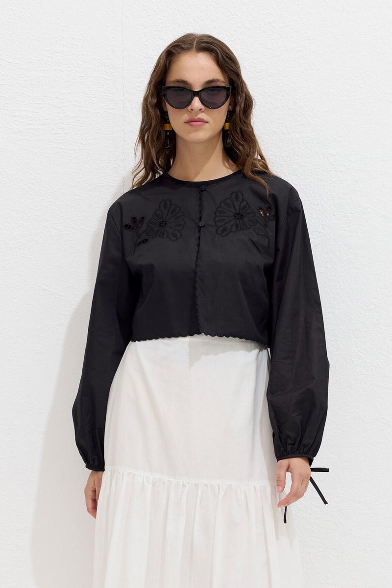 Manuka Embroidered Lace Up Blouse Black  - Image 3