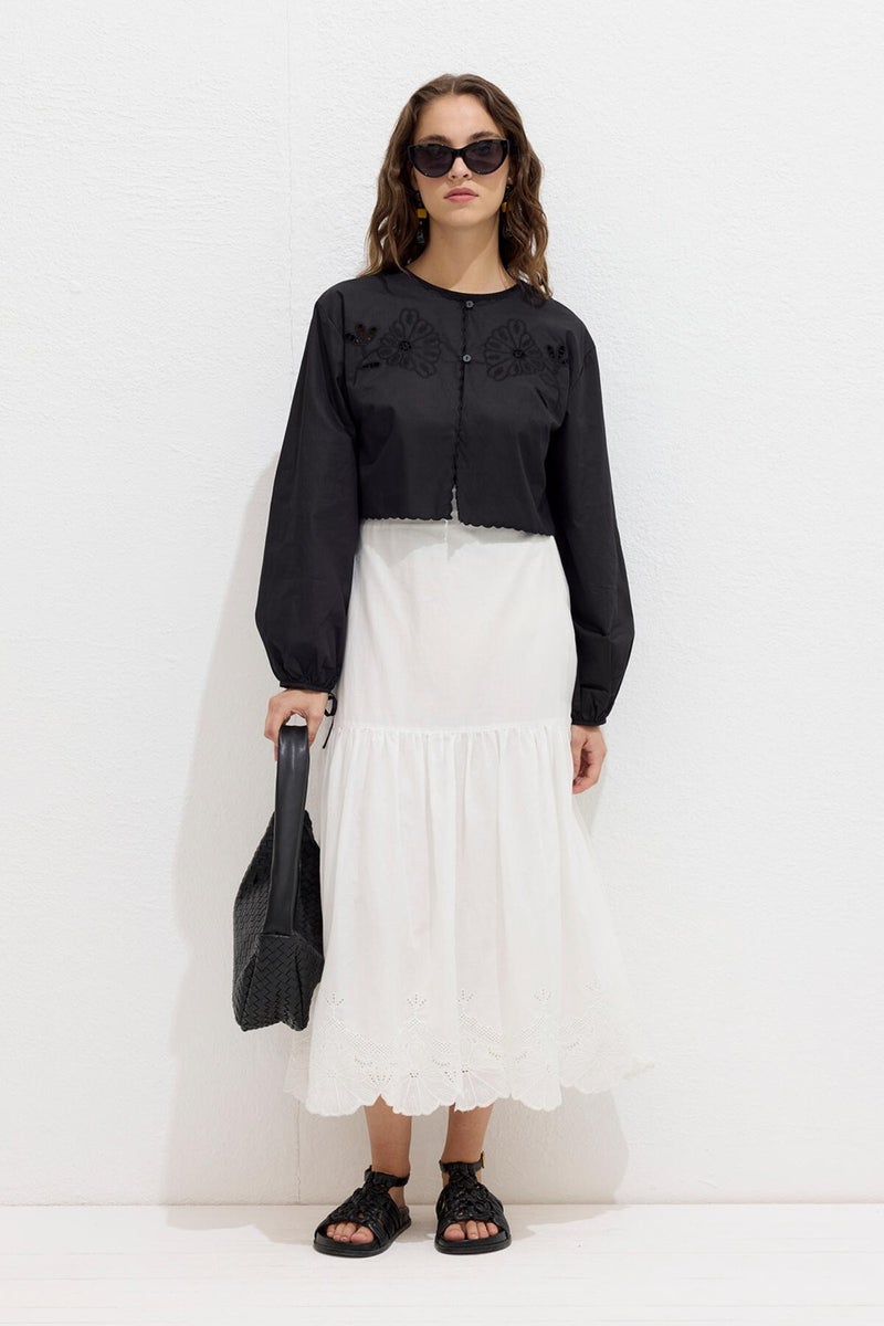 Manuka Embroidered Lace Up Blouse Black  - Image 1