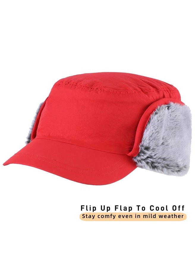 Connectyle Mens Winter Hat with Brim Warm Earflaps Hat Faux Fur Baseball Cap, Red, One size - Image 2