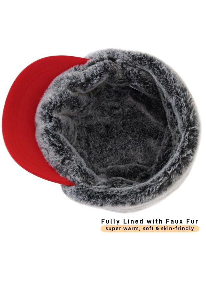 Connectyle Mens Winter Hat with Brim Warm Earflaps Hat Faux Fur Baseball Cap, Red, One size - Image 4