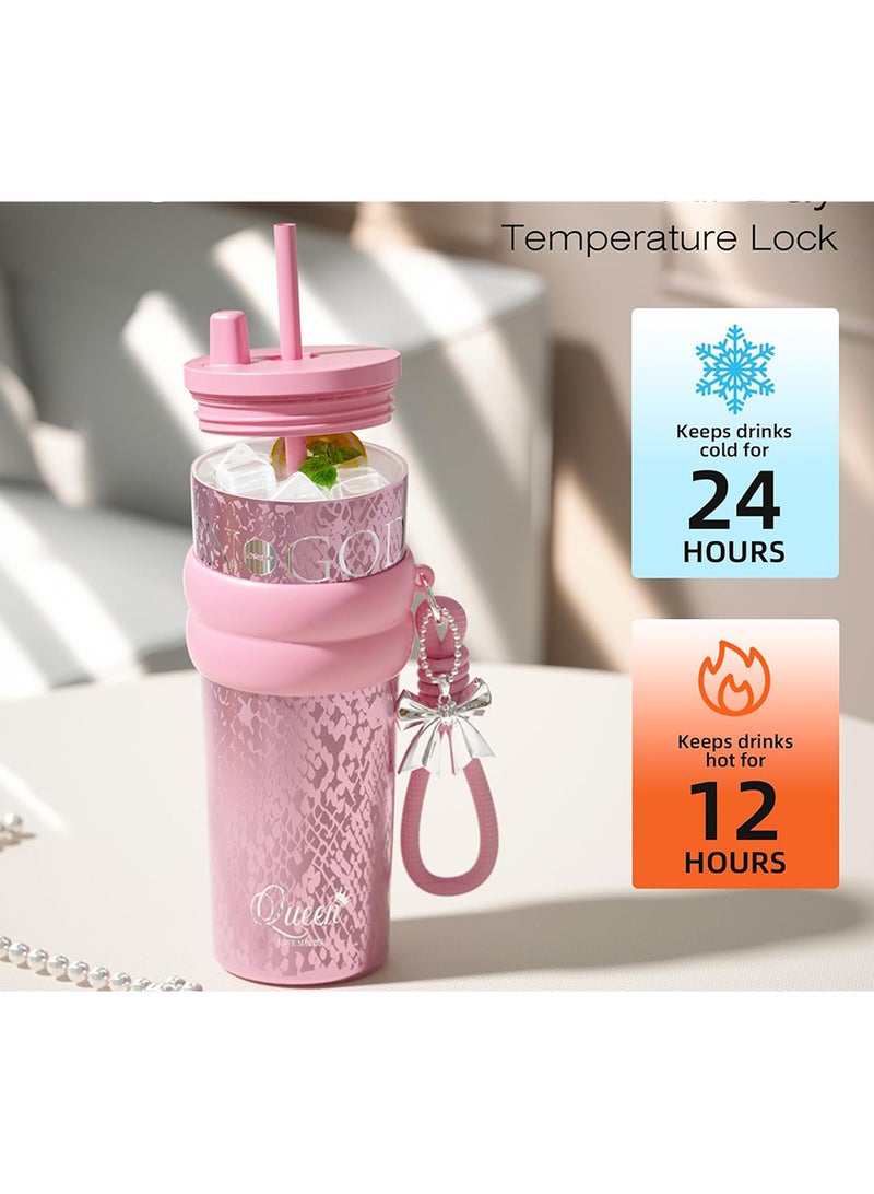 Queen Stainless Steel Vacuum Insulated Tumbler with Lid and Straw Insulated Water Bottle Leak Proof for Hot and Cold,Holiday Quencher, Portable Travel Coffee Mug, Reusable Coffee Cup for Women, Blush Pink for Water, Iced Tea or Coffee, Smoothie and More 24 OZ - Image 4