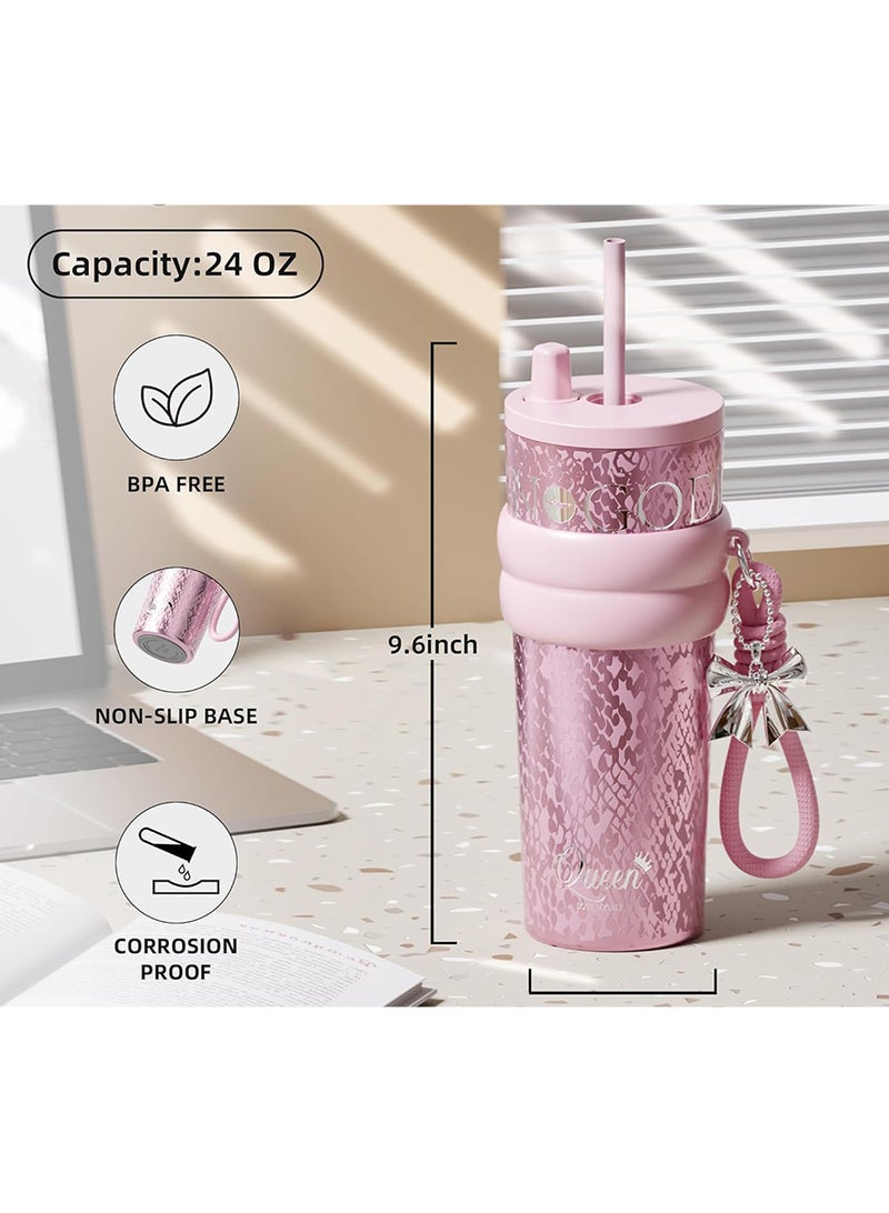Queen Stainless Steel Vacuum Insulated Tumbler with Lid and Straw Insulated Water Bottle Leak Proof for Hot and Cold,Holiday Quencher, Portable Travel Coffee Mug, Reusable Coffee Cup for Women, Blush Pink for Water, Iced Tea or Coffee, Smoothie and More 24 OZ - Image 5