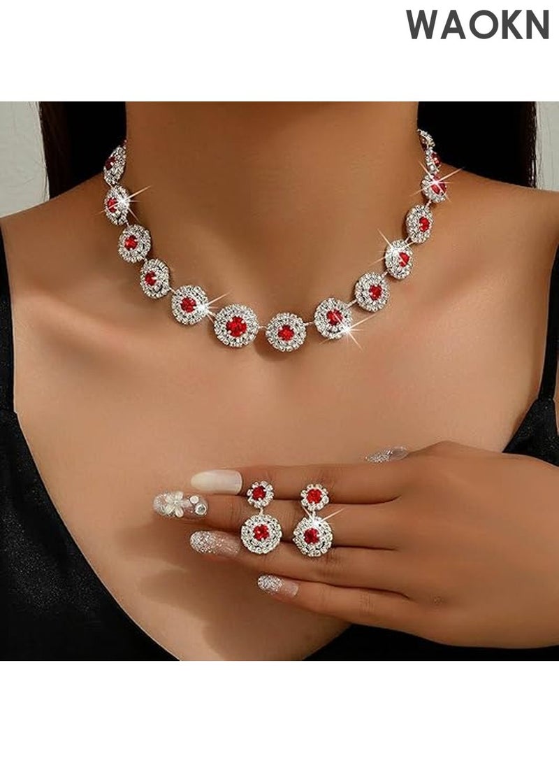 WAOKN Bridal Jewelry Set - Rhinestone Necklace & Earrings for Weddings - Elegant Formal Costume Jewelry Set for Women, Brides & Bridesmaids - Sparkling Wedding Party Accessories - Perfect Gift for Bride（Red) - Image 1