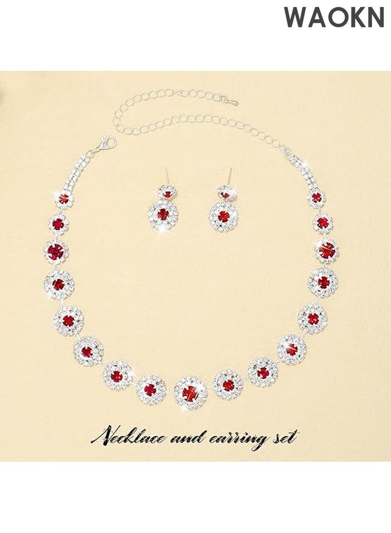 WAOKN Bridal Jewelry Set - Rhinestone Necklace & Earrings for Weddings - Elegant Formal Costume Jewelry Set for Women, Brides & Bridesmaids - Sparkling Wedding Party Accessories - Perfect Gift for Bride（Red) - Image 4
