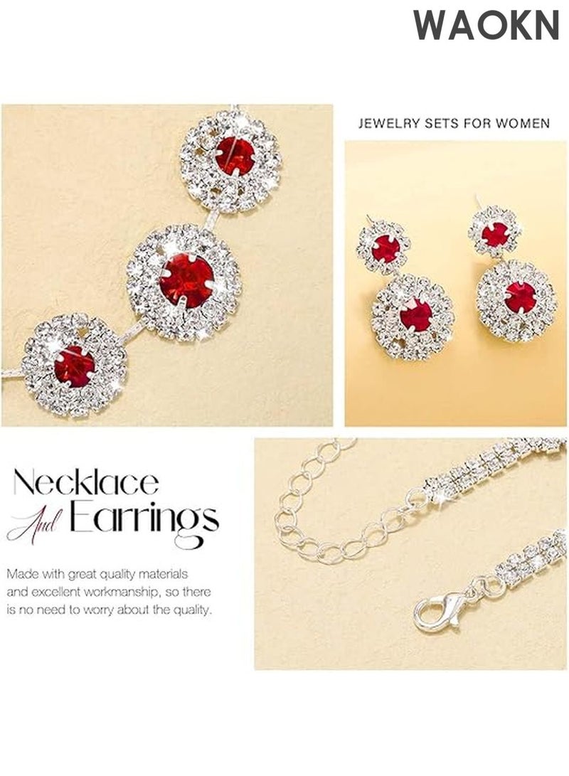 WAOKN Bridal Jewelry Set - Rhinestone Necklace & Earrings for Weddings - Elegant Formal Costume Jewelry Set for Women, Brides & Bridesmaids - Sparkling Wedding Party Accessories - Perfect Gift for Bride（Red) - Image 5