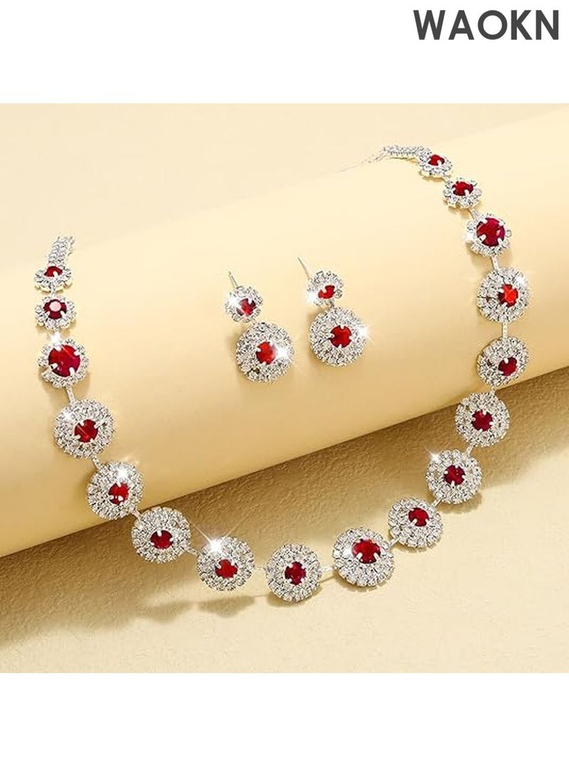 WAOKN Bridal Jewelry Set - Rhinestone Necklace & Earrings for Weddings - Elegant Formal Costume Jewelry Set for Women, Brides & Bridesmaids - Sparkling Wedding Party Accessories - Perfect Gift for Bride（Red) - Image 3
