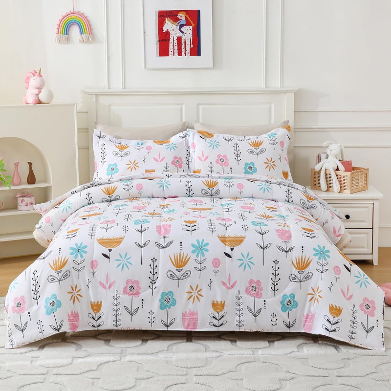 CIMVI Kids Comforter Sets for Girls Floral Twin Bedding Set Cute Flower Bed Sets with Pillowcase Bed in A Bag Children Bedroom Decor Soft Lightweight for All Season Durable Machine Washable - Image 1