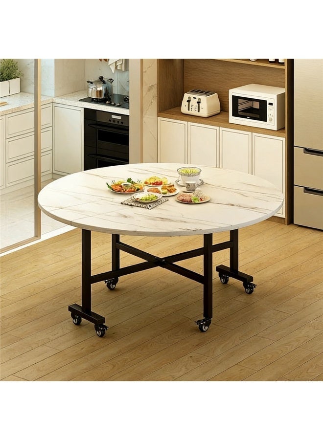 Folding Dinner Table, Multifunctional Wooden Table with Metal Legs and Wheels, Fashion Round Lunch Table Folding Desk for Home Office Coffee Party (Round, 120*120*73cm) - Image 5