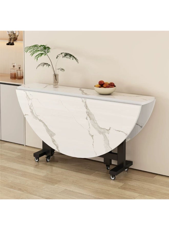 Folding Dinner Table, Multifunctional Wooden Table with Metal Legs and Wheels, Fashion Round Lunch Table Folding Desk for Home Office Coffee Party (Round, 120*120*73cm) - Image 1
