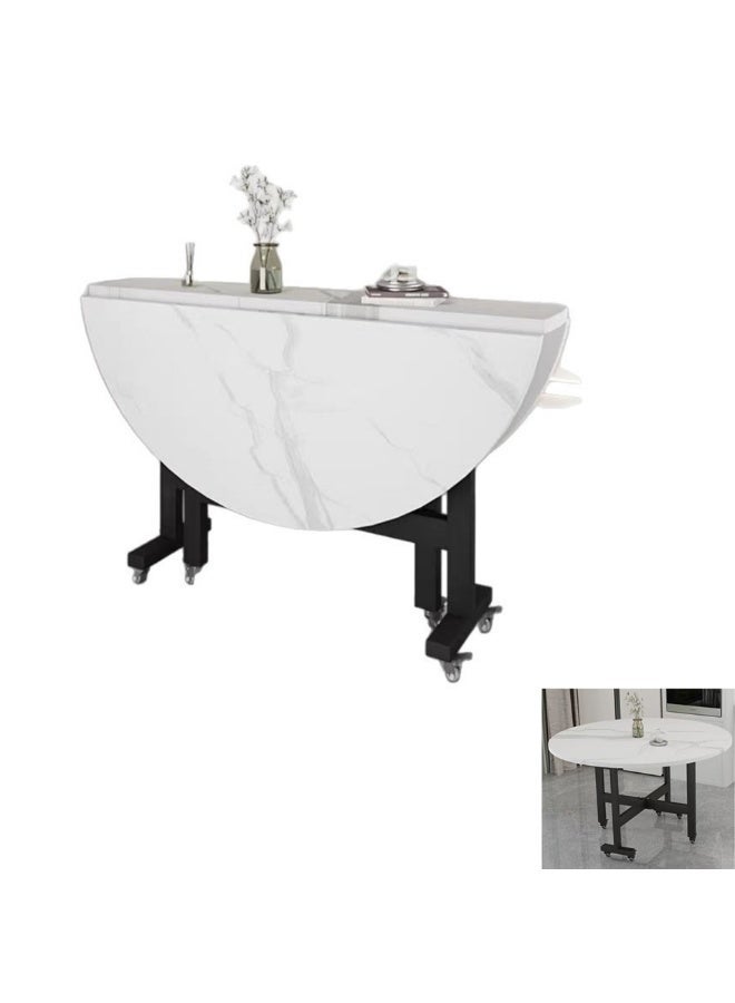 Folding Dinner Table, Multifunctional Wooden Table with Metal Legs and Wheels, Fashion Round Lunch Table Folding Desk for Home Office Coffee Party (Round, 120*120*73cm) - Image 2