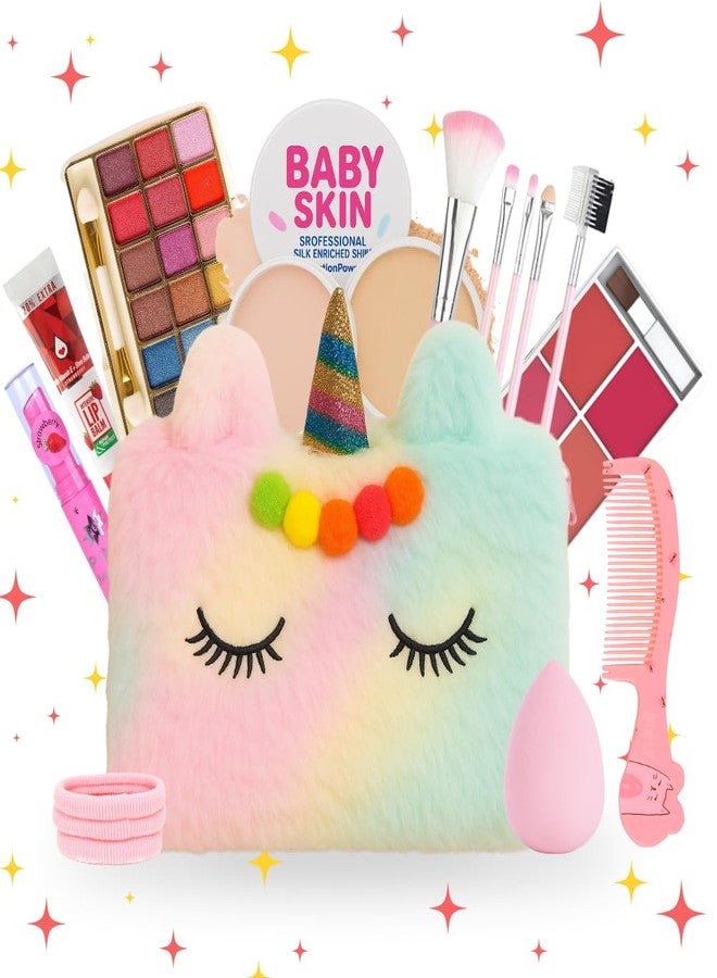 Linivya Makeup Kit for Girls & Teens - 20 PCS Safe & Washable Beauty Set with Unicorn Fur Bag - Non-Toxic Cosmetics for Ages 7-16 - Gift Set with Brushes, Lip Gloss, Blush & More - All in one Makeup Kit - Image 1