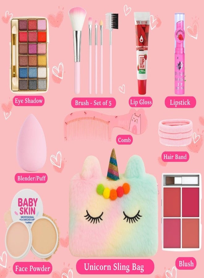 Linivya Makeup Kit for Girls & Teens - 20 PCS Safe & Washable Beauty Set with Unicorn Fur Bag - Non-Toxic Cosmetics for Ages 7-16 - Gift Set with Brushes, Lip Gloss, Blush & More - All in one Makeup Kit - Image 3