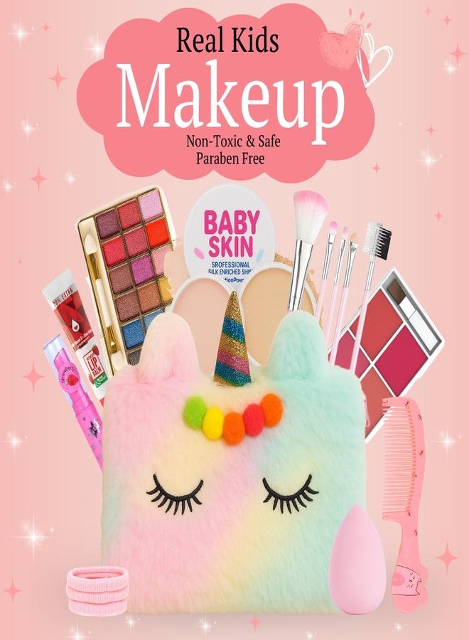 Linivya Makeup Kit for Girls & Teens - 20 PCS Safe & Washable Beauty Set with Unicorn Fur Bag - Non-Toxic Cosmetics for Ages 7-16 - Gift Set with Brushes, Lip Gloss, Blush & More - All in one Makeup Kit - Image 2