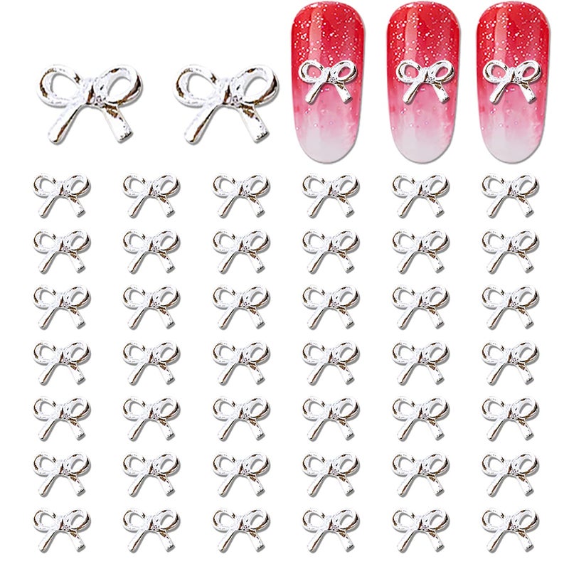 WOKOTO 100Pcs Silver Bows 3D Metal Nail Charms For Nail Art Women Bowknots Designer Nail Charm For Acrylic Nails Designs Nail Jewels Nail Art Accessories Kit For Women Girls Nail Studs Diy Crafts