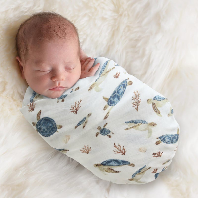 LifeTree Baby Swaddle Blanket, 70% Viscose from Bamboo and 30% Cotton Muslin Swaddles Blankets Boys Girls, Sea Turtle Swaddling Blanket Neutral for Newborn, Super Soft Large 47" x 47" - Image 3